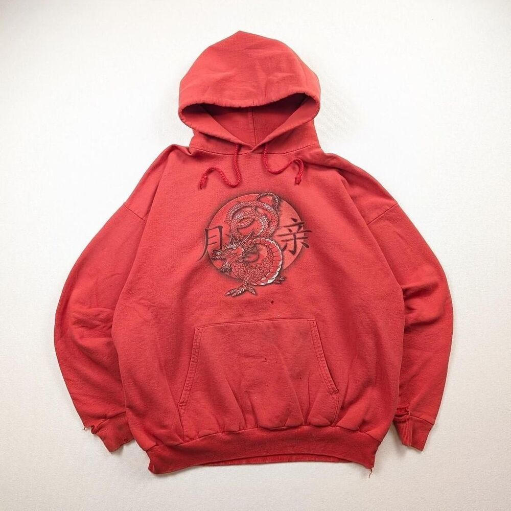 Y2K Faded and Distressed Dragon Hoodie Skater Grunge Red Hanes XL